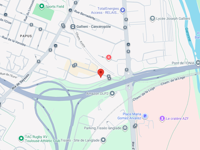 Plan d'accès Gallieni-Cancéropôle et Amazon DLP2 Toulouse Carte de Toulouse vers Gallieni-Cancéropôle et Amazon DLP2 avec un marqueur rouge localisant un emplacement précis.